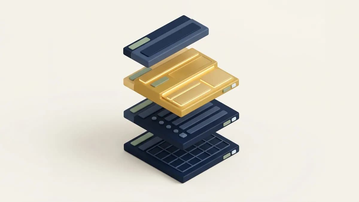 An exploded document showing its building blocks: a heading, a short gold answer block, a bullet list and a small table
