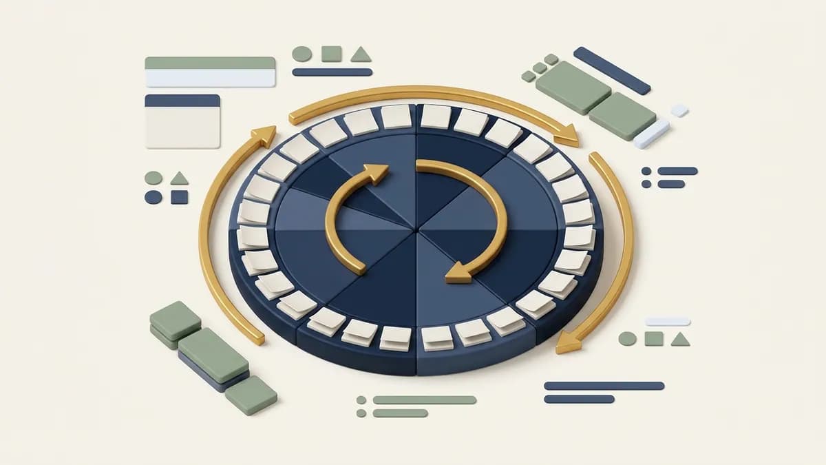 A circular calendar wheel with pages around its rim and gold refresh arrows looping around it