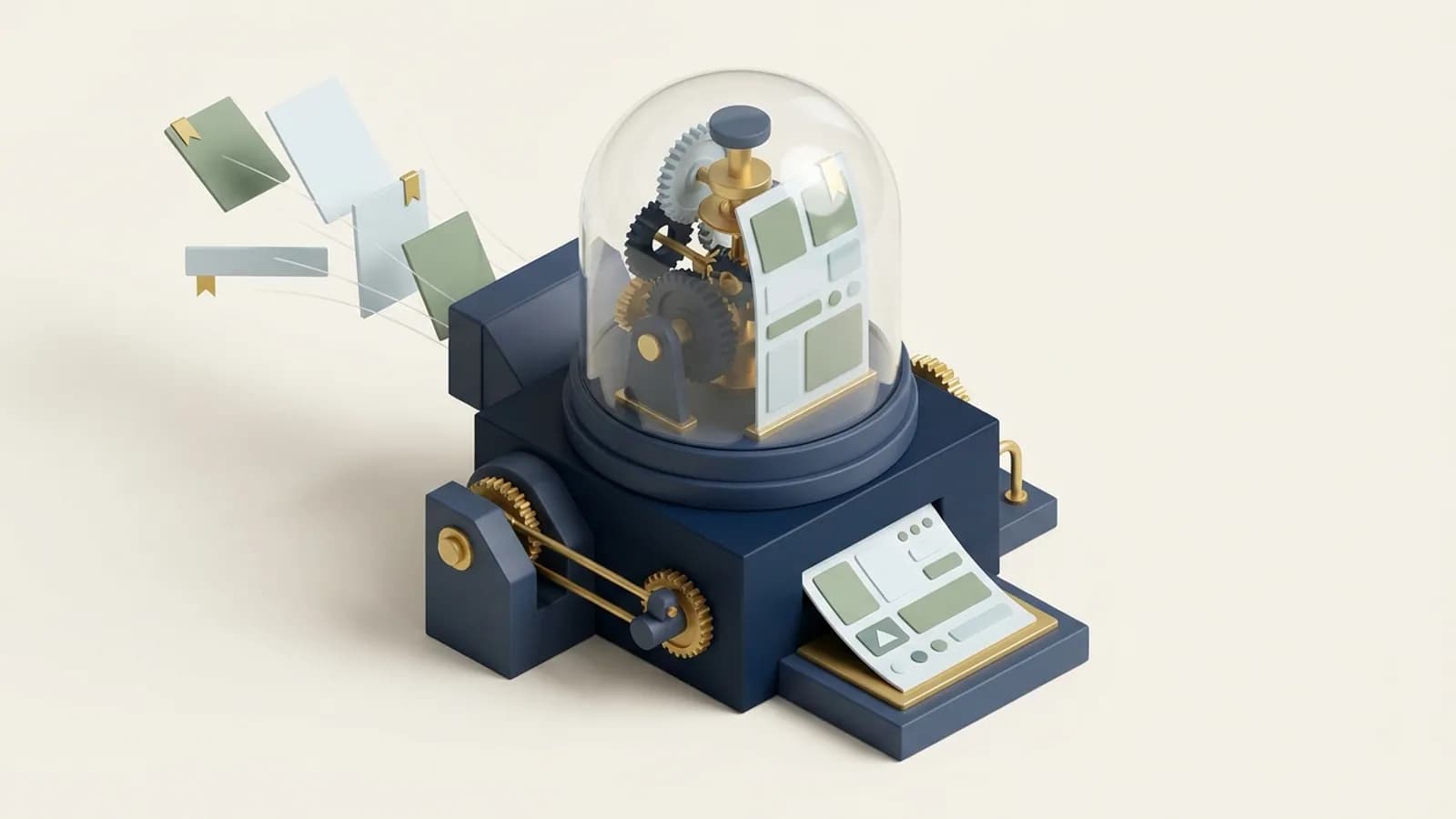 A generative engine machine assembling an answer from page fragments, with the cited source pages tagged by gold ribbons