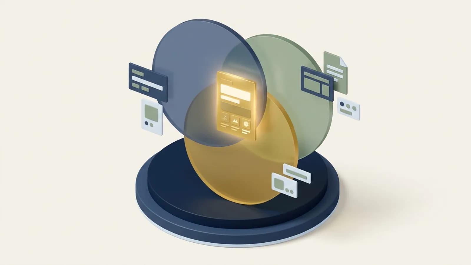 Three overlapping translucent discs in navy, gold and sage, with a glowing web page at the point where all three overlap