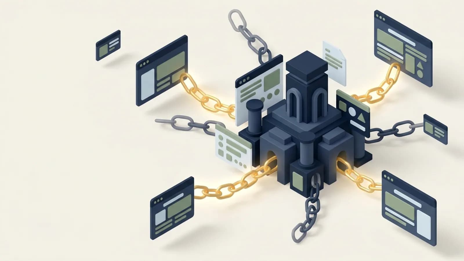 Chain links from distant pages to a website, some glowing gold and others dim