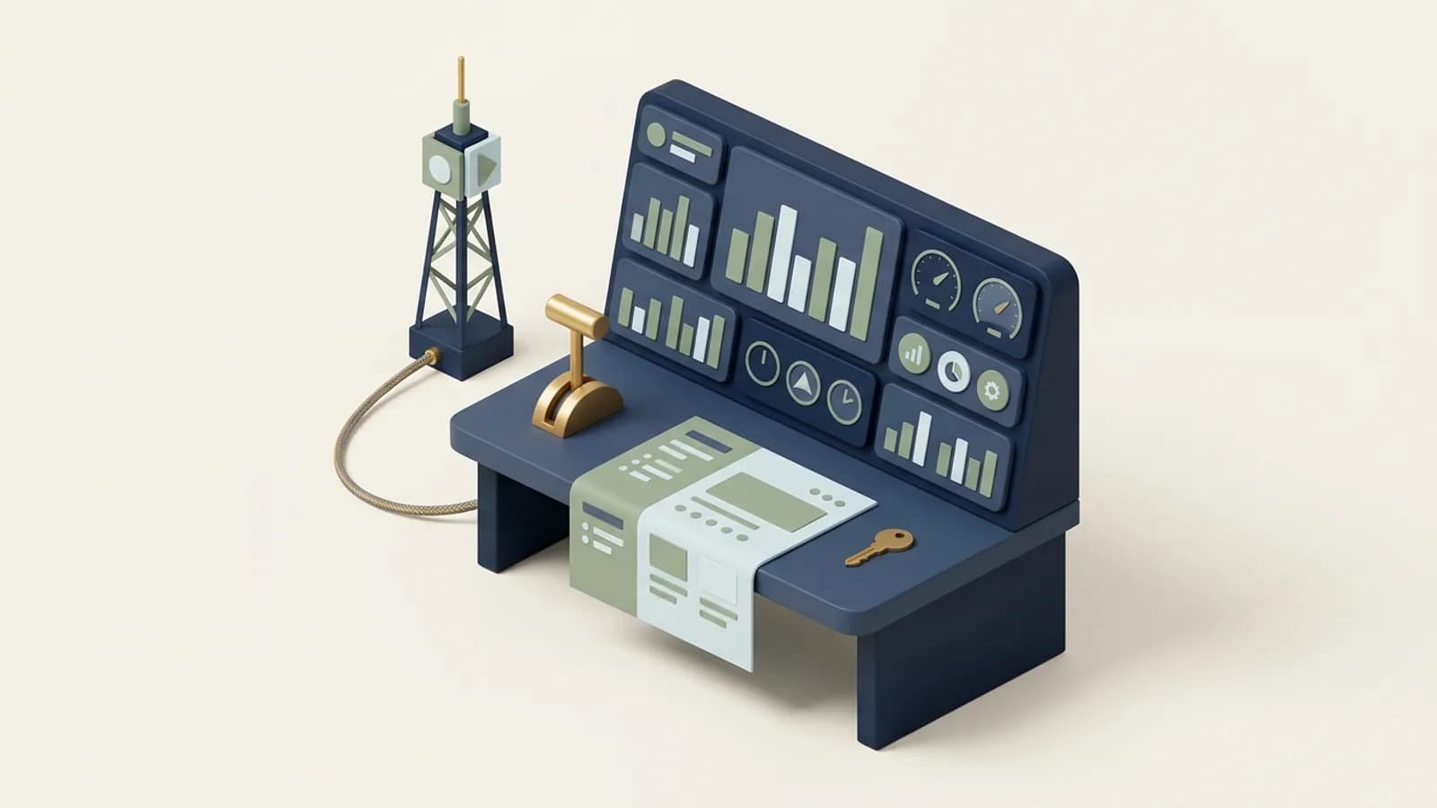 A webmaster's console with blank charts and dials, a signal lever linked to a receiving tower, and a site map and key on the desk
