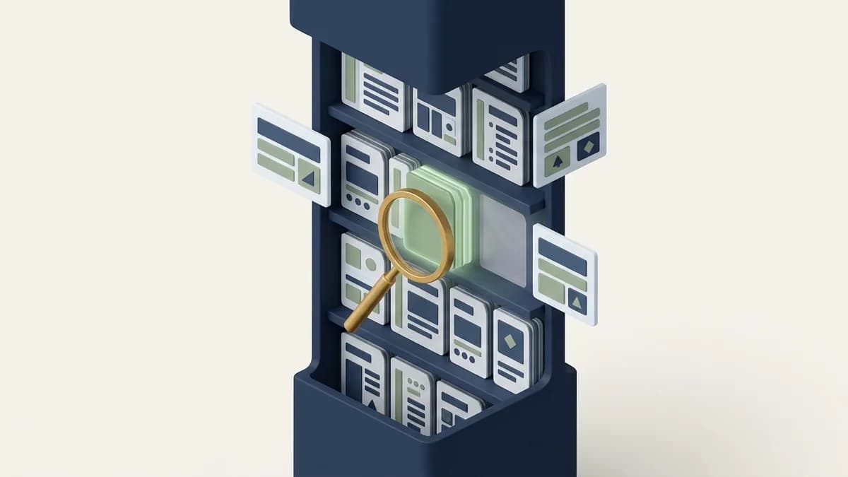 A magnifier checking an index shelf, finding one page filed and an empty slot beside it
