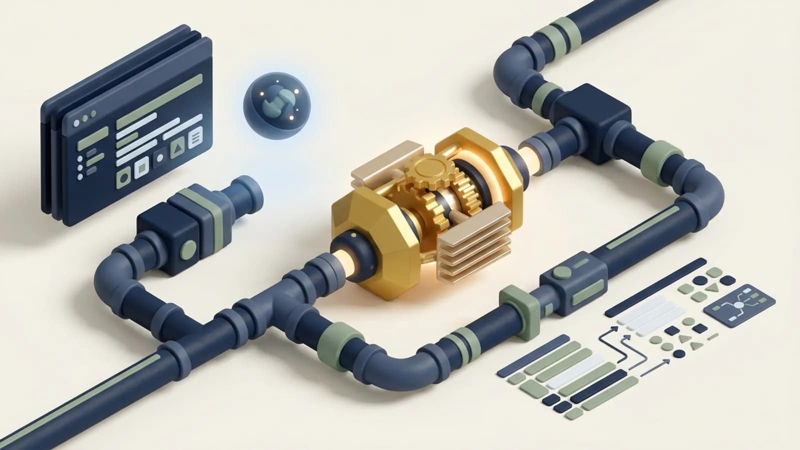 Pipes and connectors linking a terminal window and an assistant orb to a central engine core
