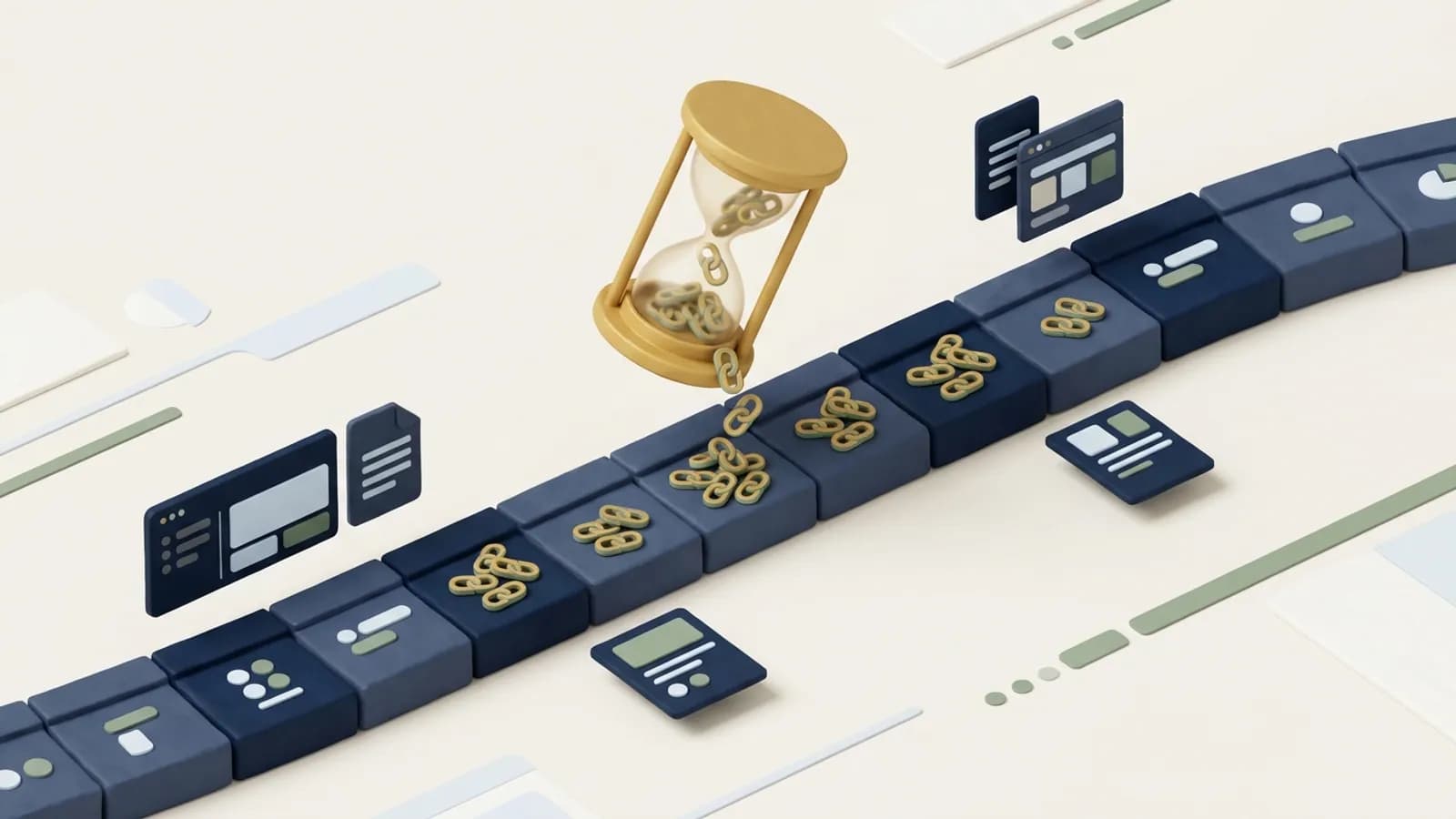 An hourglass releasing link tokens evenly spaced along a calendar timeline