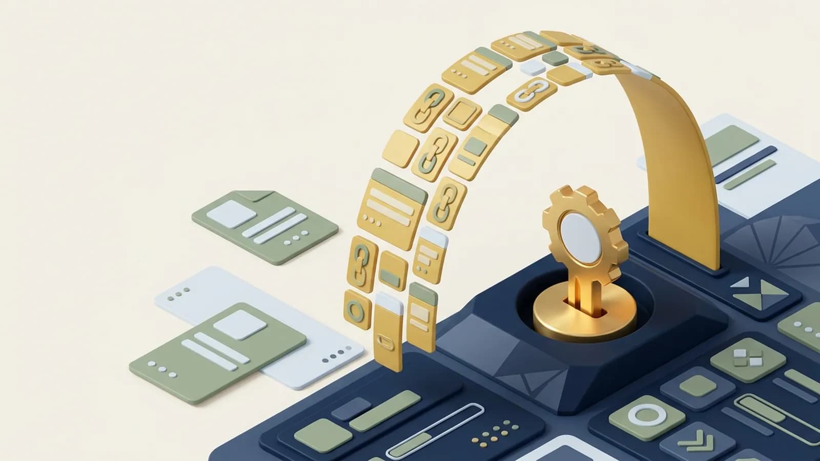 A gold ignition key turning and launching pages and links upward on a gold arc