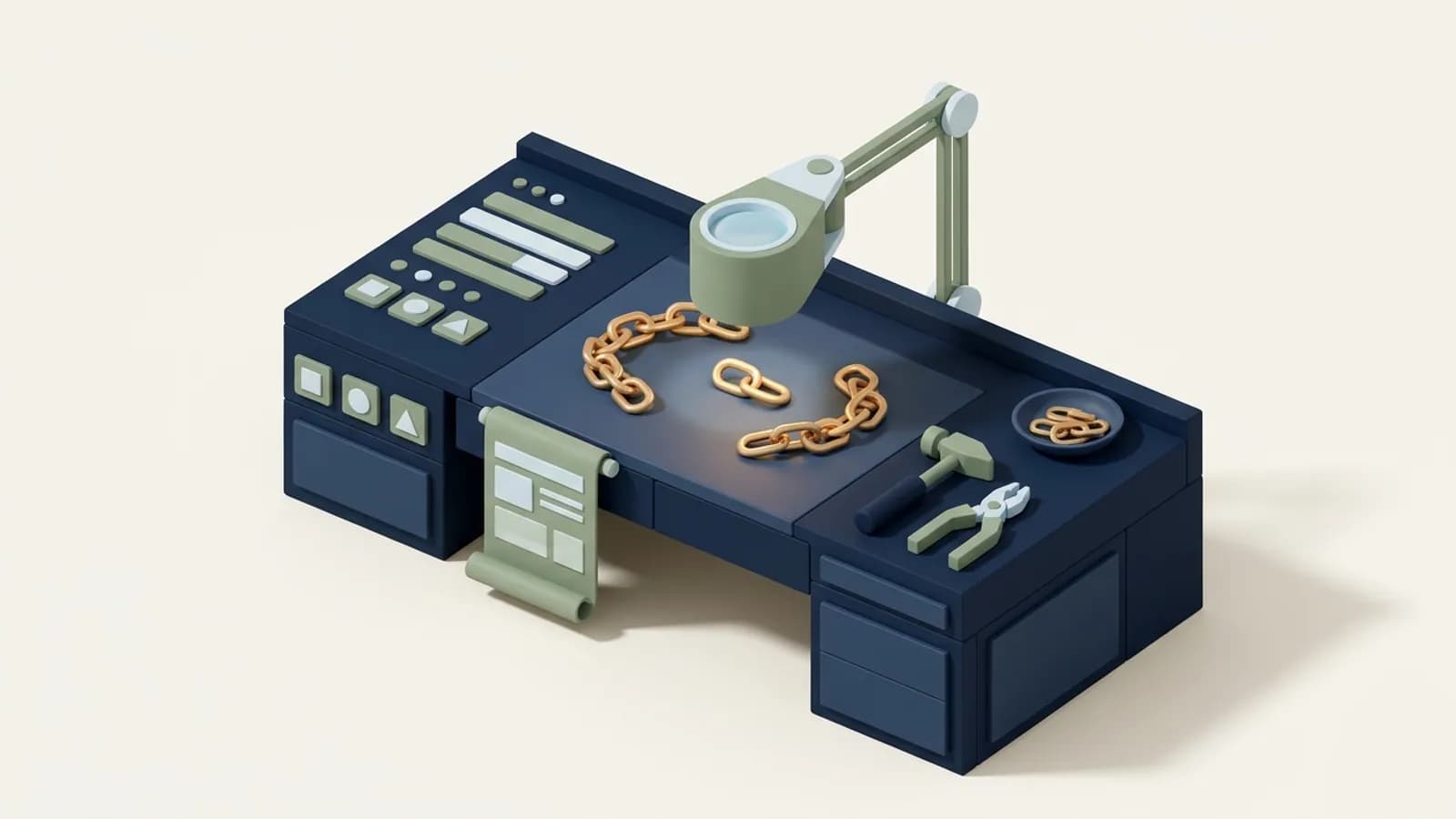 Freshly made gold chain links on a workbench, with a loupe inspecting one