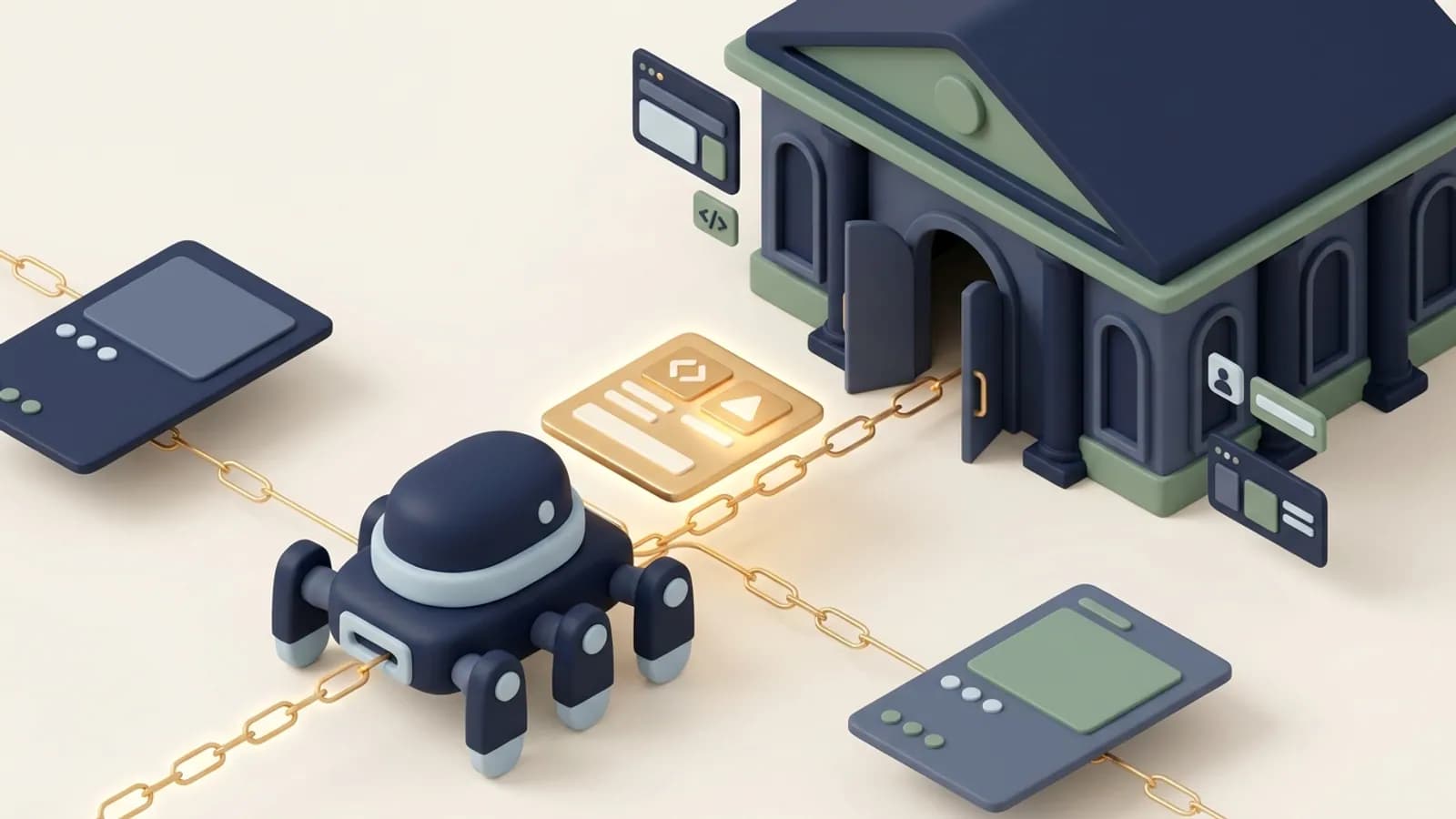 A crawler drone following link threads between pages and carrying one into a grand library that stands for the search index