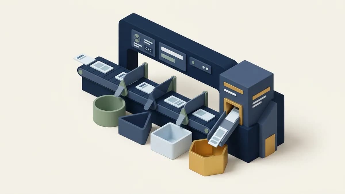 A sorting station diverting pages into different bins, with only one gold bin leading into the index