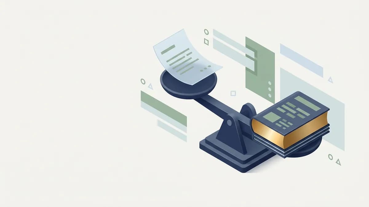 A balance scale tipping toward a thick, rich page over a thin translucent one