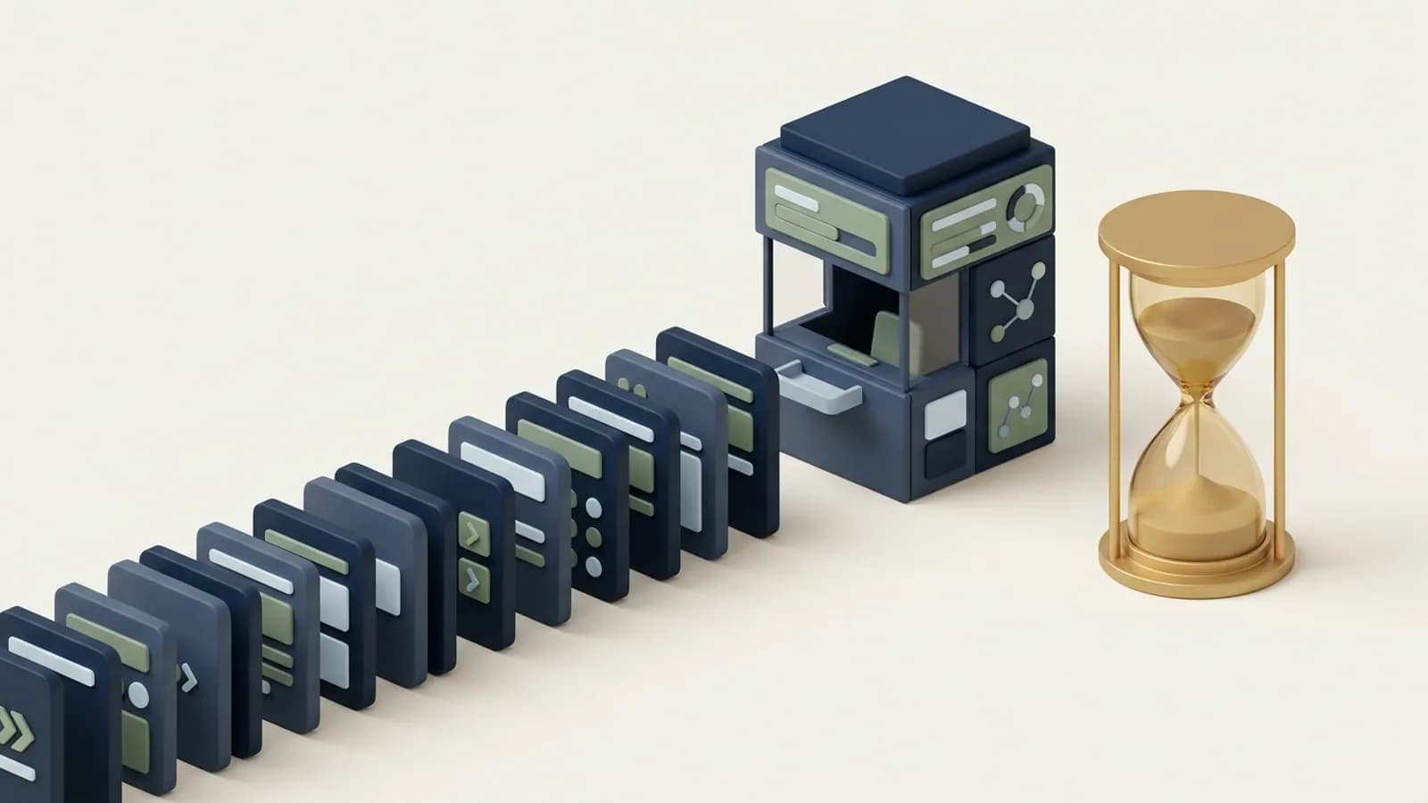 A long queue of pages waiting outside a crawler station beside a gold hourglass