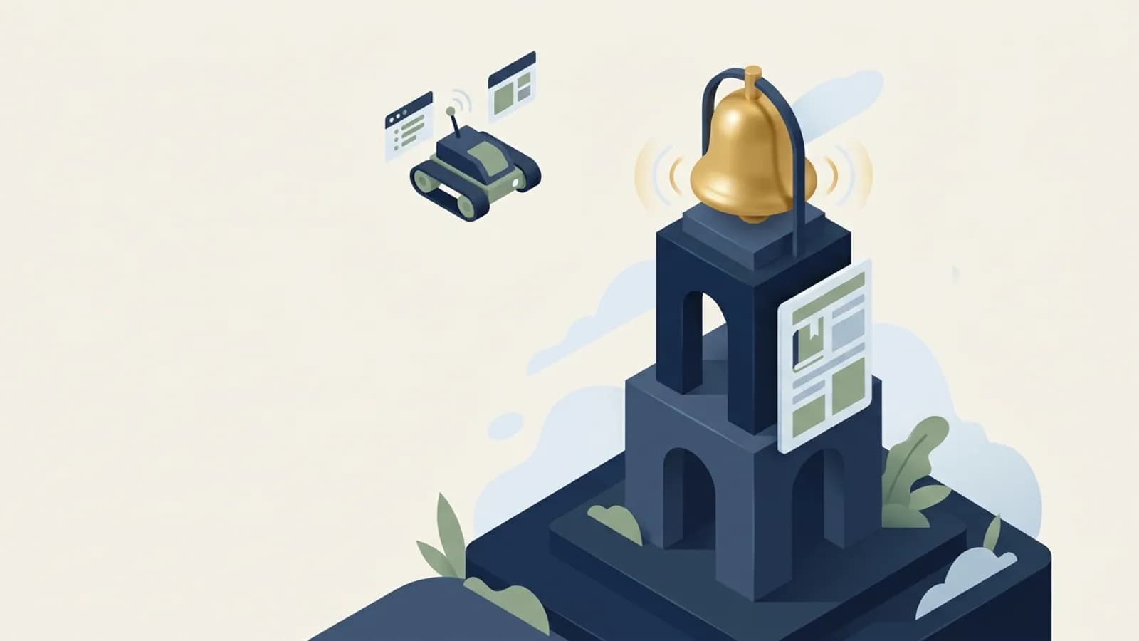 A page on a tower ringing a gold bell as a crawler drone turns toward it