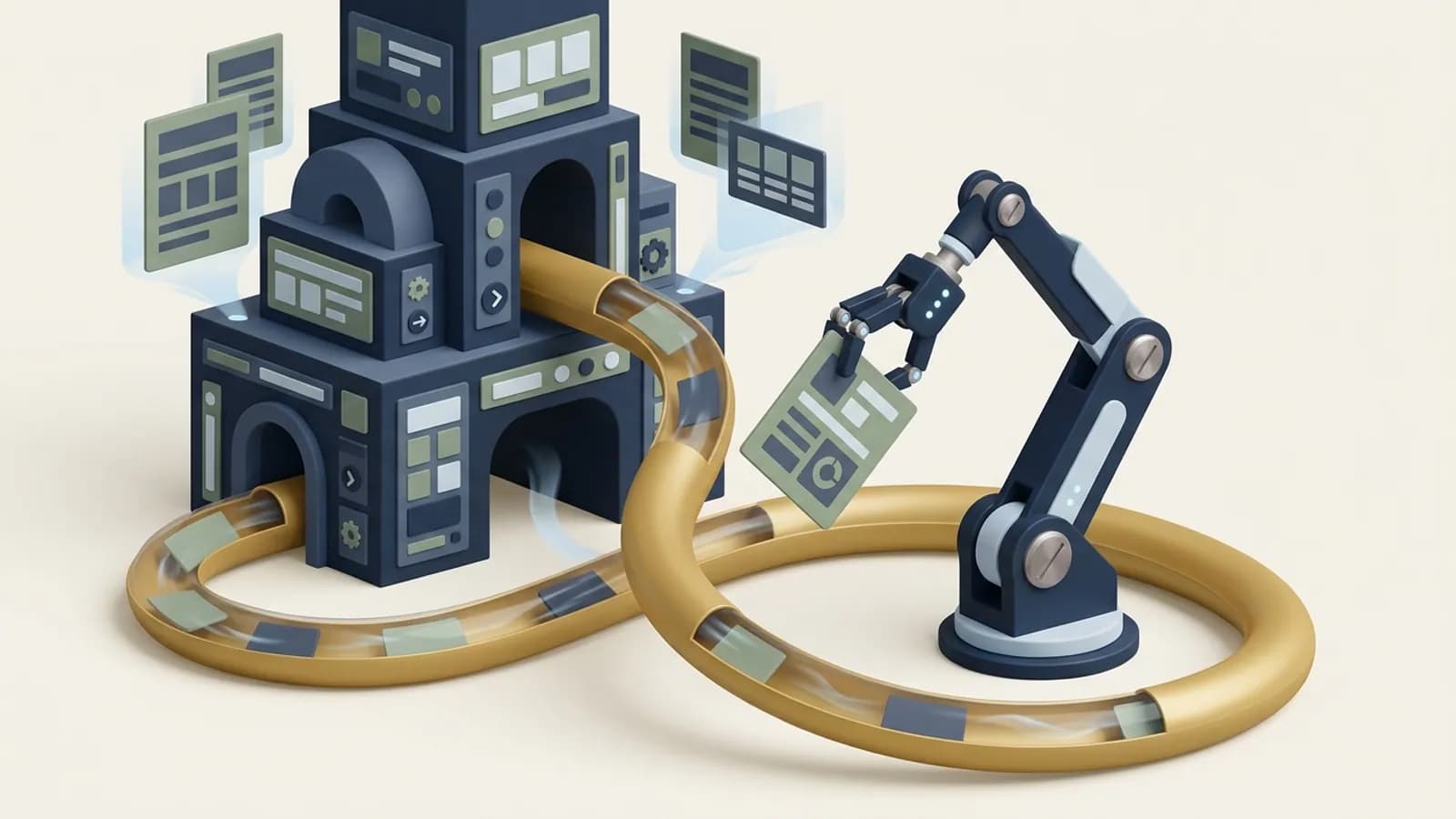 A mechanical arm placing a page into a gold tube that leads to the search index building