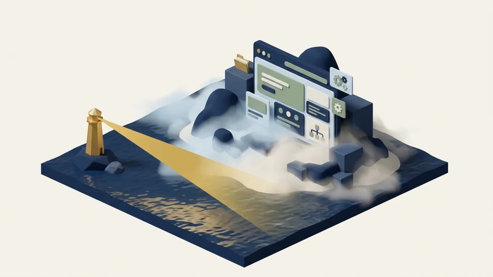 A website on a small island hidden in fog while a lighthouse beam sweeps toward it