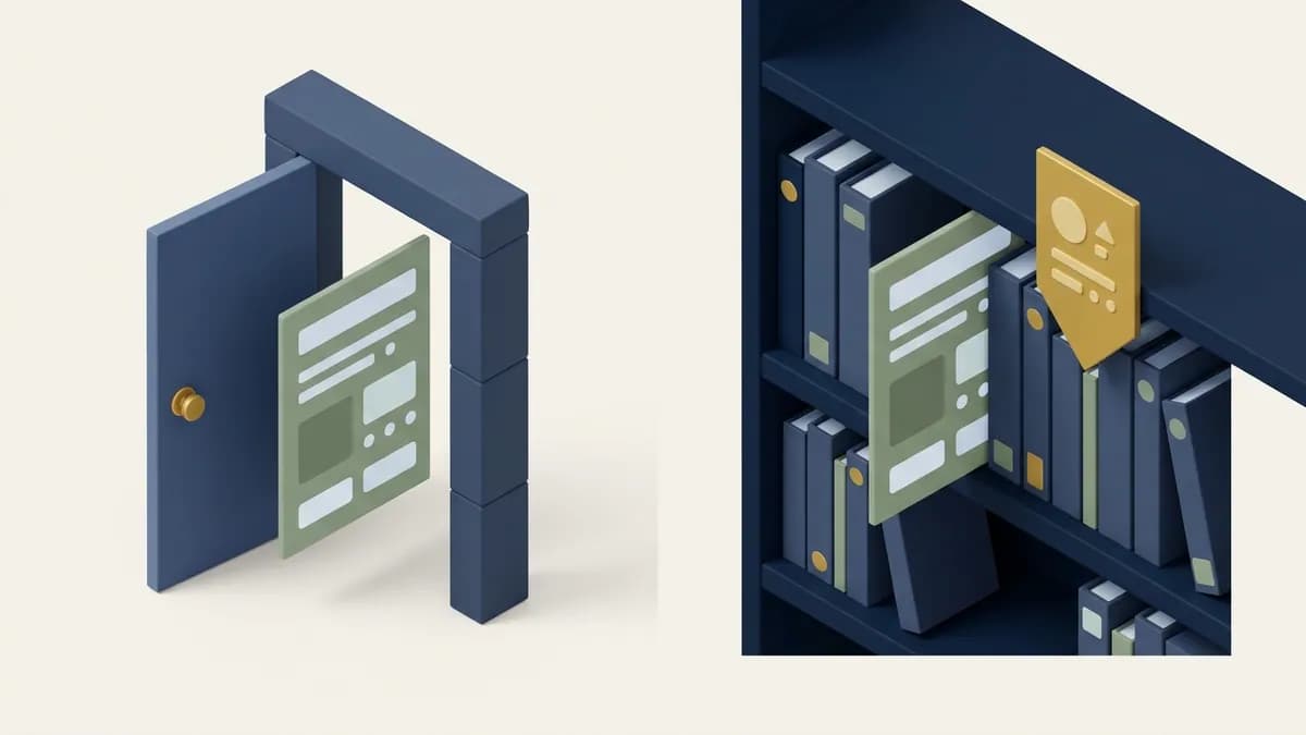 Two panels: an open door in front of a page, and the same page already on a library shelf