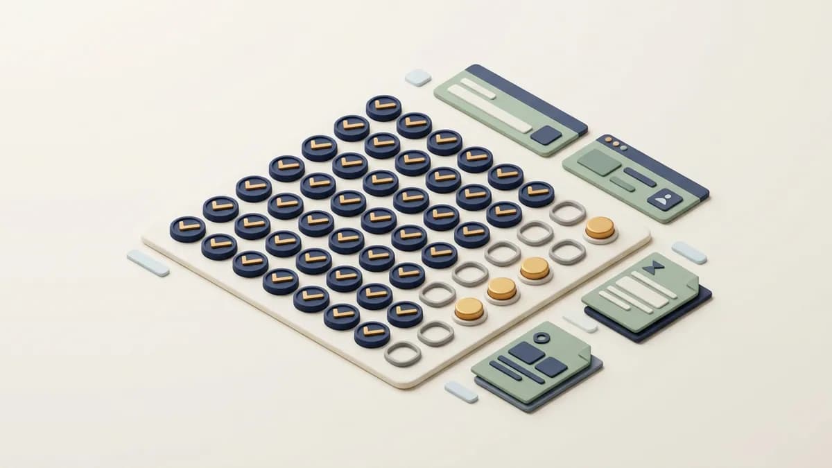 A grid of tokens, most marked with gold checks and some hollow, with a push button next to the hollow ones
