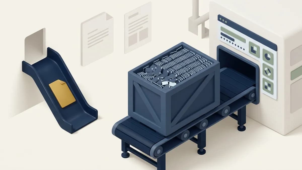 One page on a small chute beside a crate of thousands of pages on a conveyor, both going into the same receiving station