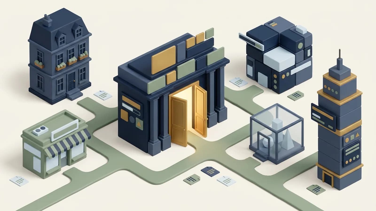 Different styles of website buildings around a town square, all linked by paths to the index library in the centre