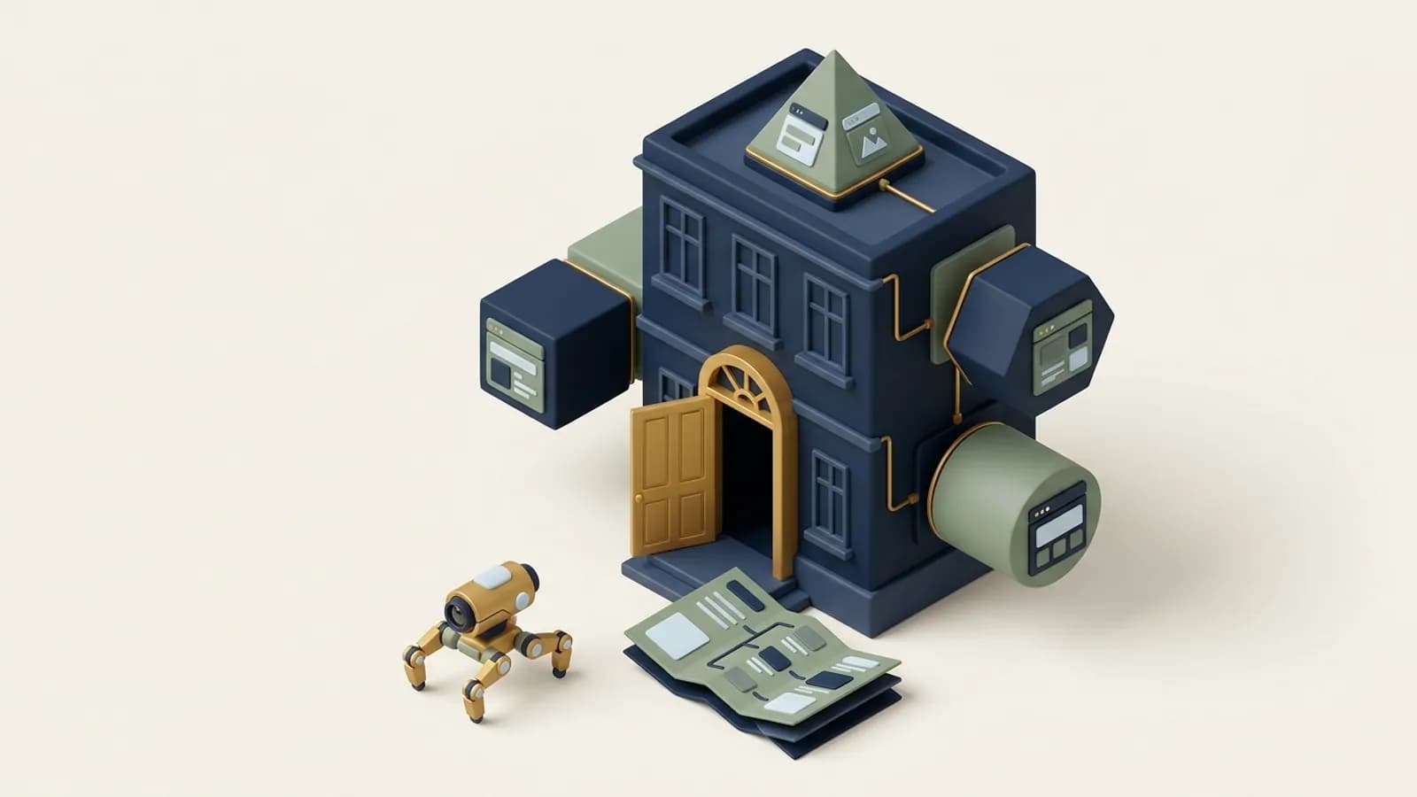 A townhouse website with plug-in rooms attached, a site map on the doorstep and a crawler drone approaching