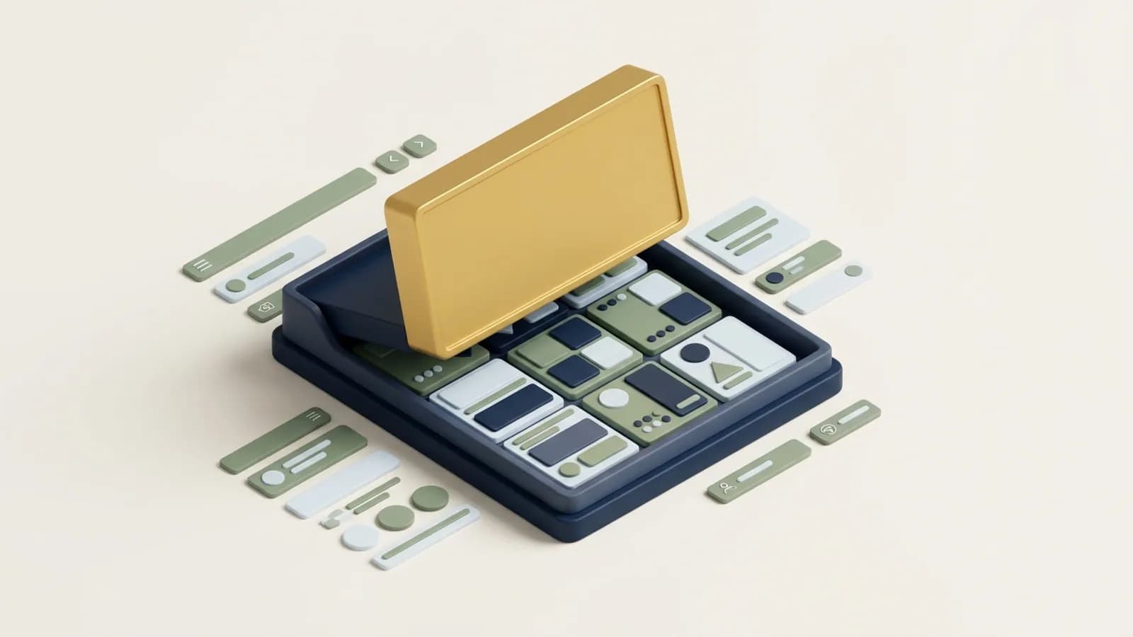A gold template stamping out a grid of slightly different pages