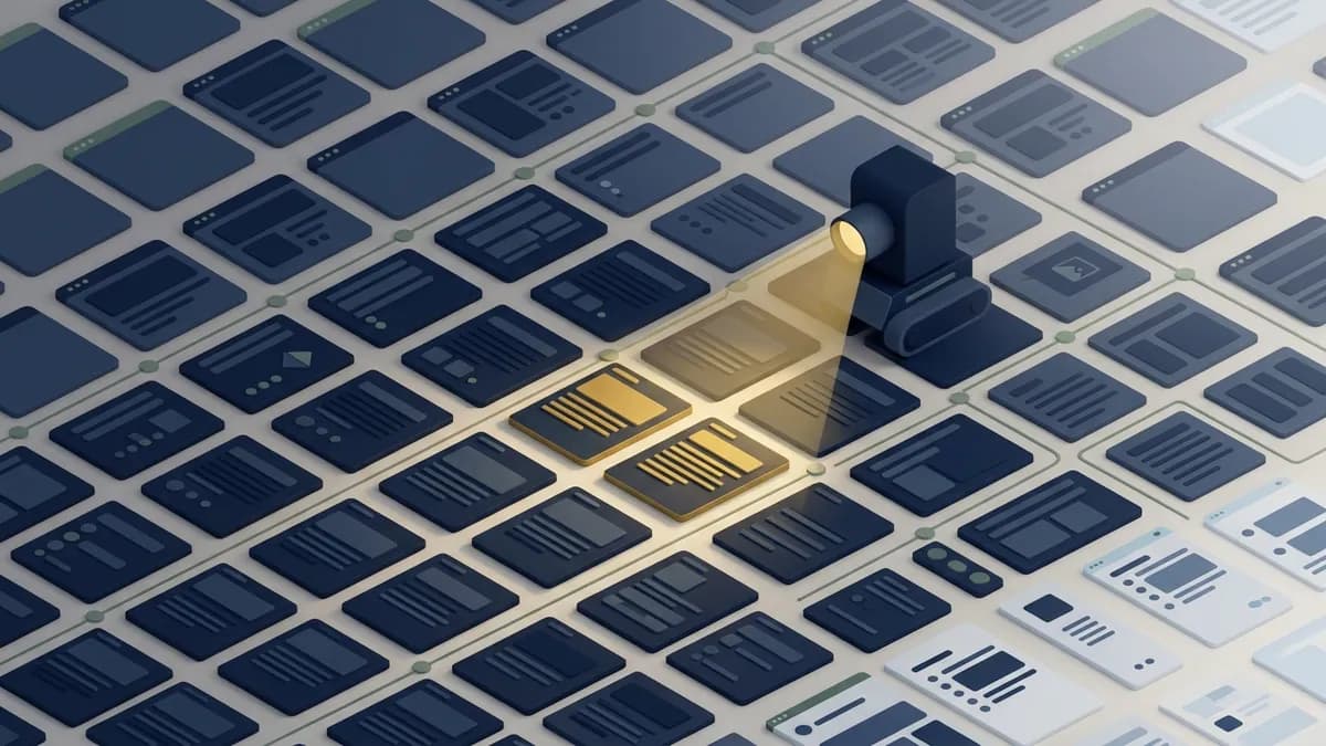 A vast grid of pages where a crawler's spotlight lights only a small patch