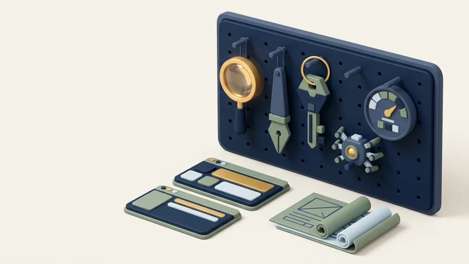 A tool wall with a magnifier, pen nib, key, crawler drone and gauge hung neatly