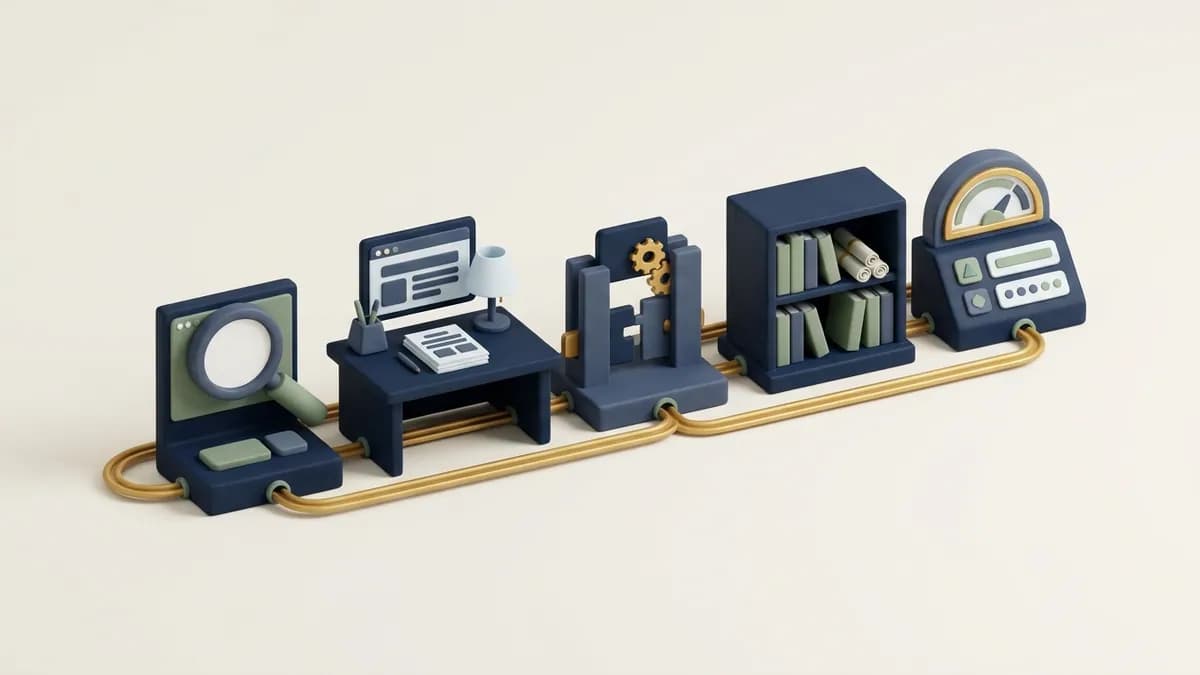 Five workstations along a gold track: research, writing, access, indexing and tracking