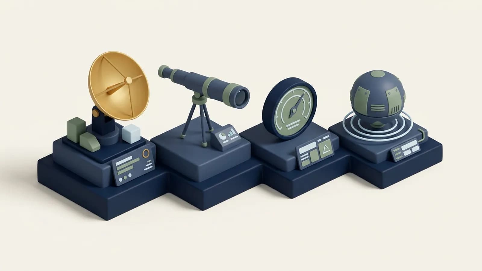 A shelf of different measuring instruments on plinths: a radar dish, a telescope, a gauge and a sonar dome