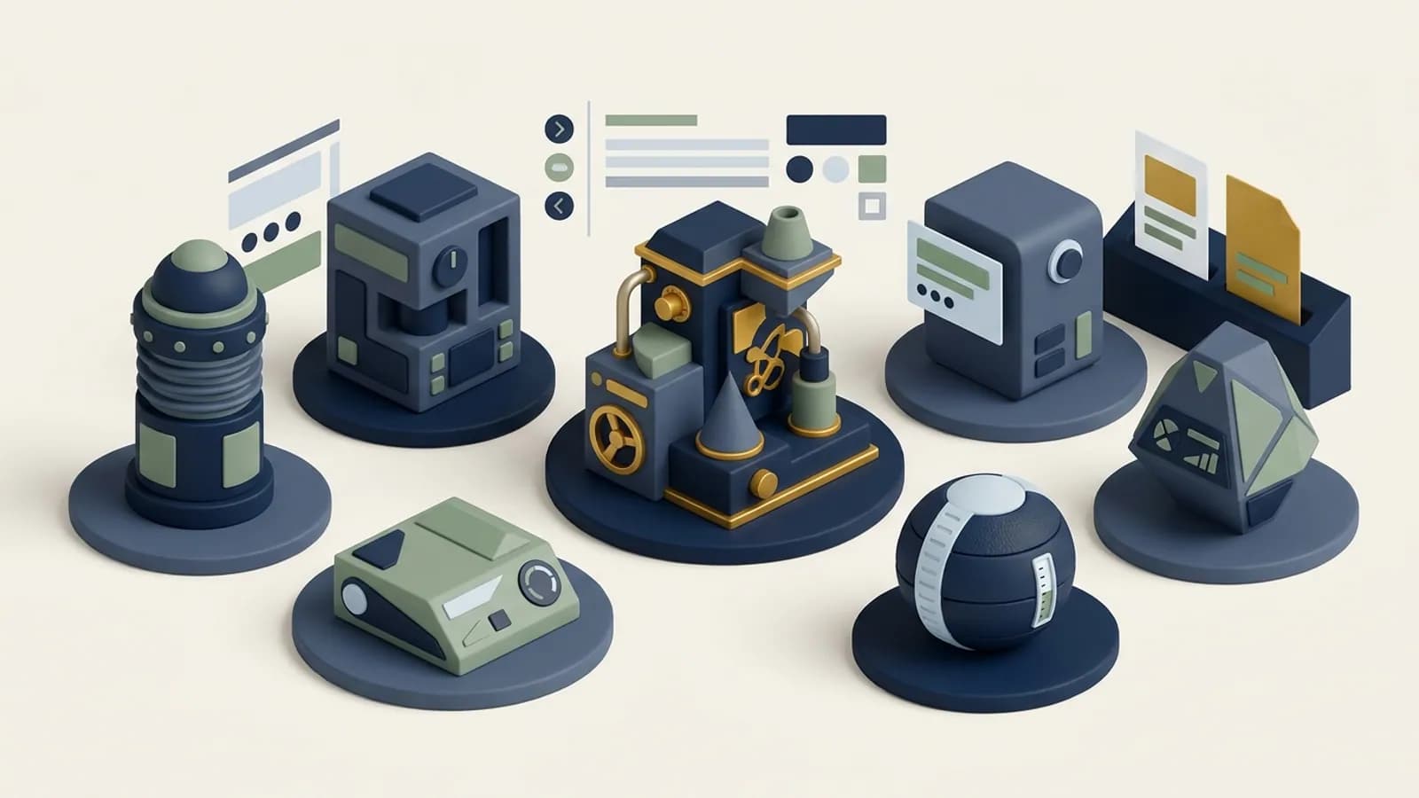 Six different compact machines on platforms in a showroom