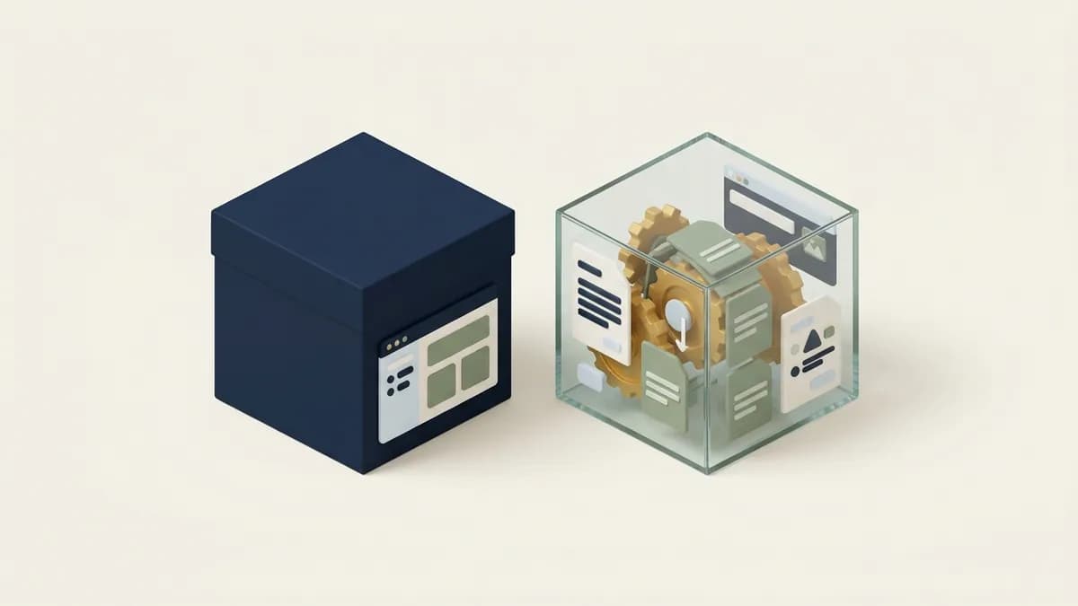 A sealed opaque box beside a transparent box that shows its workings