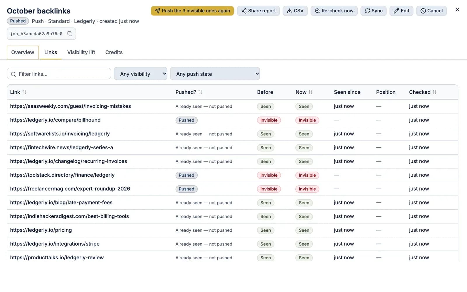 A push's Links tab in FreshlyCited: every link with its Before and Now status, Seen or Invisible, and whether it was pushed