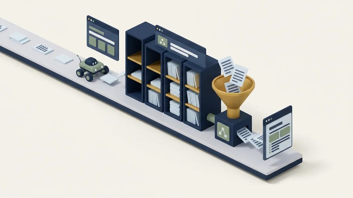 Pipeline from a crawler collecting pages, to index shelves, to a retrieval funnel that assembles a few pages into an AI answer