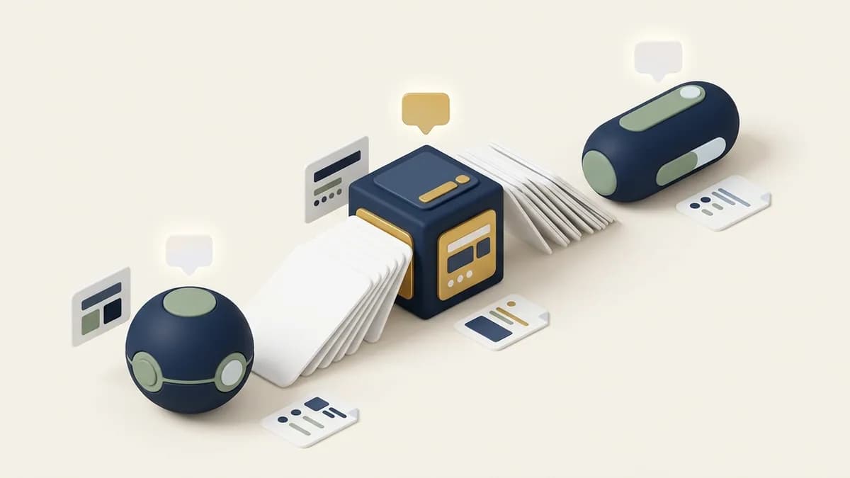 A fanned deck of question cards feeding into three different answer devices
