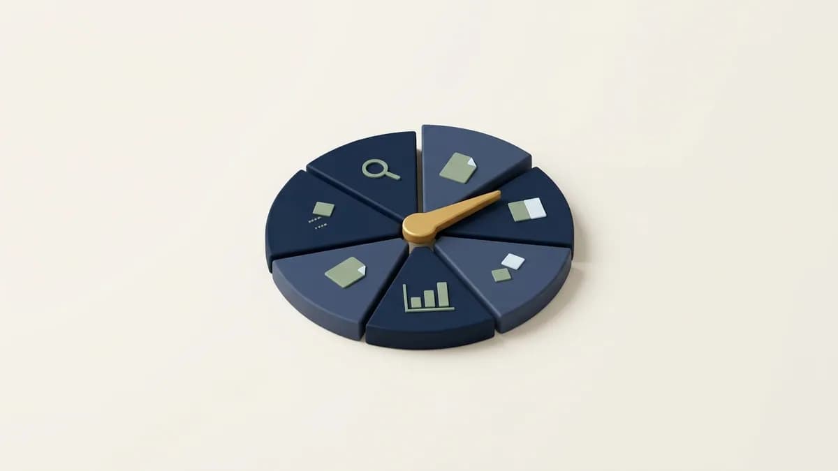 A seven-segment weekly routine dial with a gold needle and small check, page and chart icons