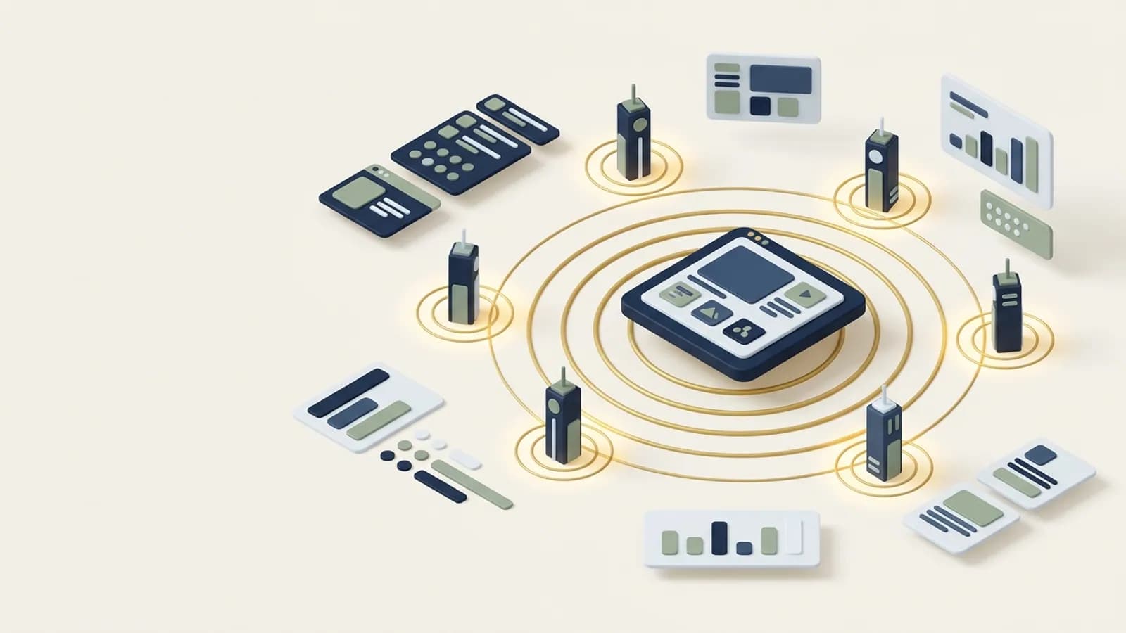 A web page sending out gold signal rings that light up several receiving towers at once