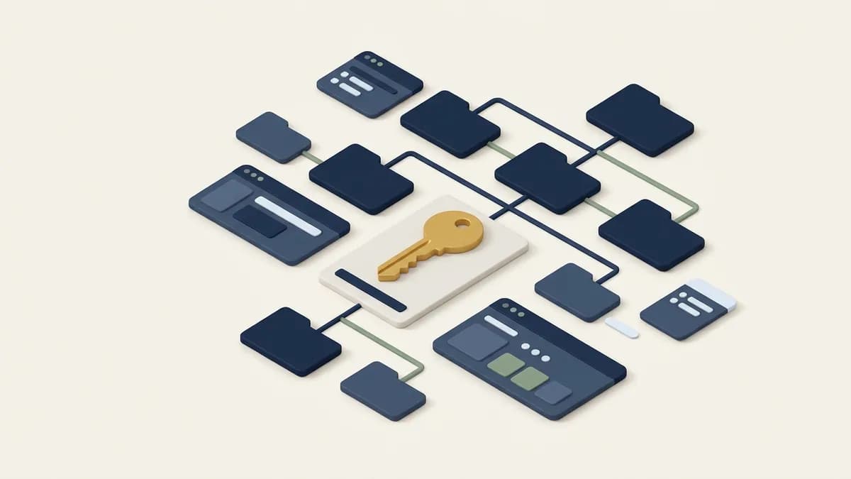 A gold key resting on a document at the root of a website folder tree