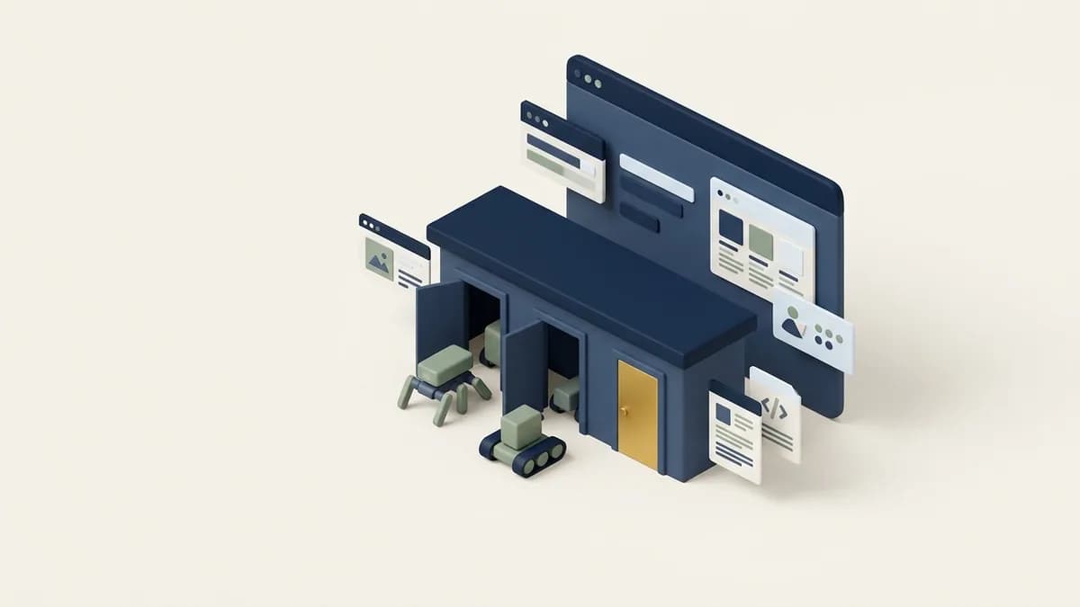 A gatehouse in front of a website with doors open for some crawler robots and one door closed