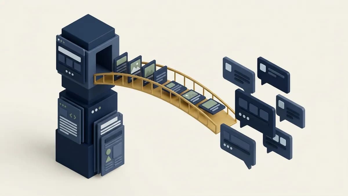Pages travelling across a gold bridge from a search index tower to a cluster of chat bubbles