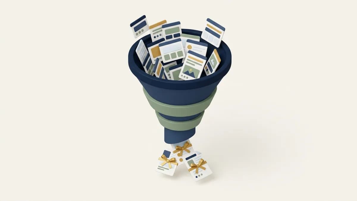A funnel narrowing many pages through filters down to three chosen sources marked with gold ribbons