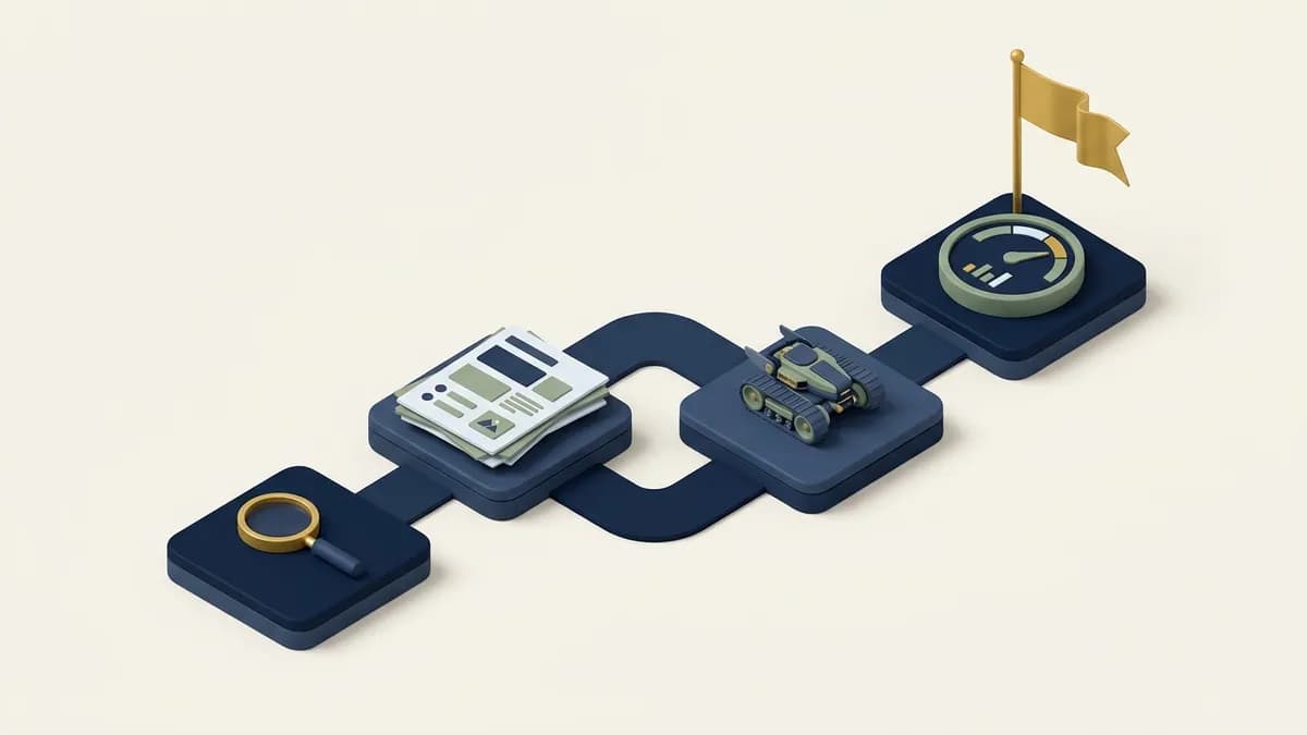 A four-step path across weekly platforms with a magnifier, a document, a crawler and a gauge, ending at a gold flag