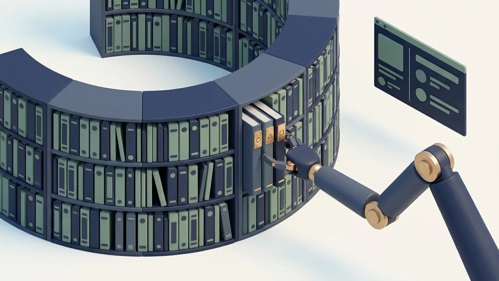 A robotic arm picking a few gold-tagged books from a huge shelf of pages