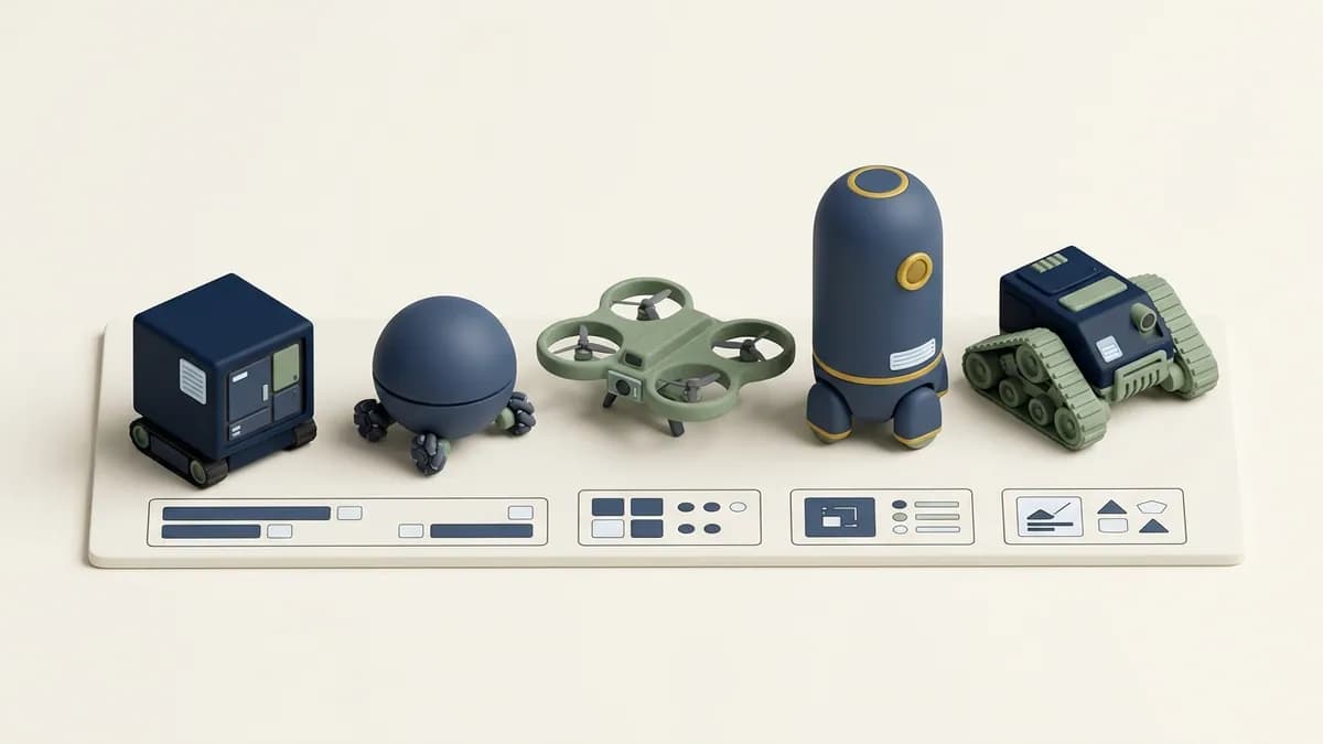 Five small crawler robots of different shapes lined up on a platform