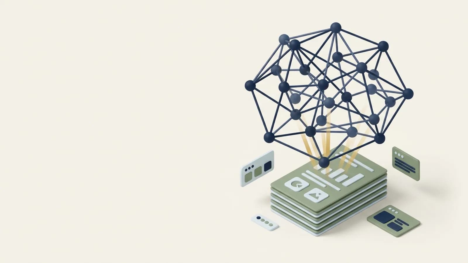 A neural network sculpture reading a stack of web pages through beams of gold light