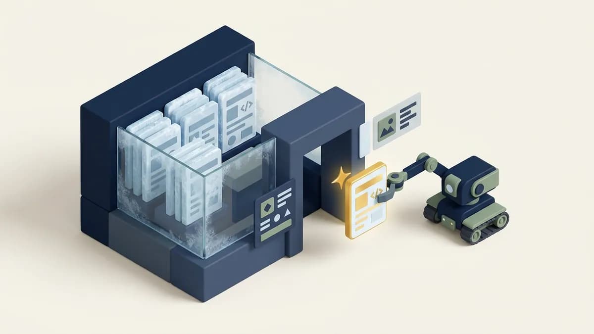 Split scene contrasting a vault of frozen archived pages with a crawler fetching a fresh page live