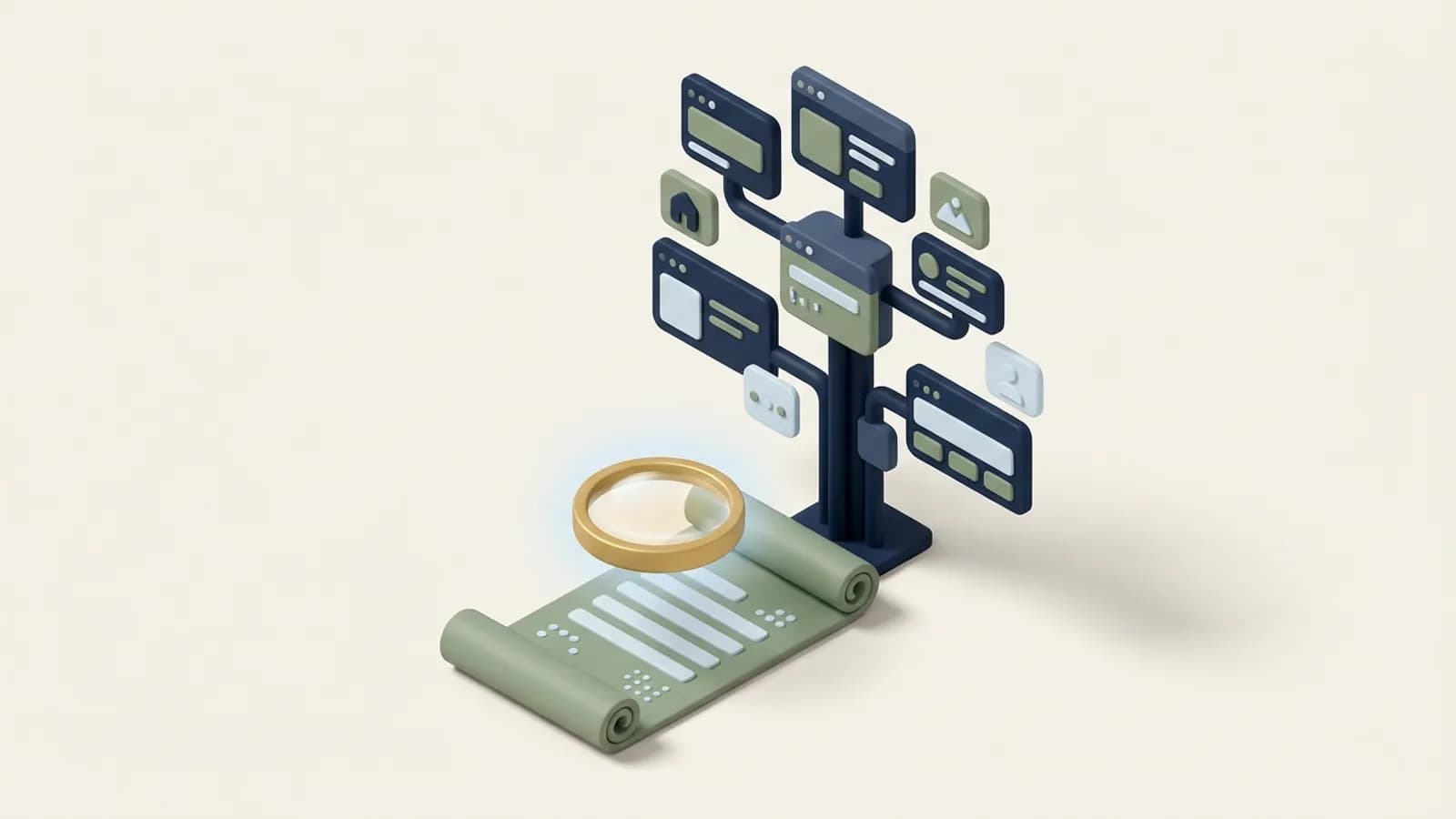 A plain scroll document at the root of a website tree with a lens hovering over it, reading it