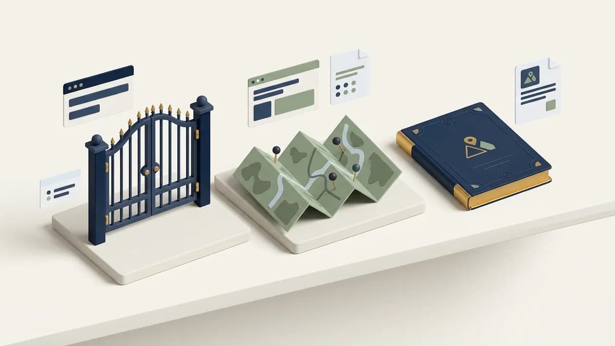 Three objects on plinths: a gate, a folded map and a small guidebook, standing for three different site files