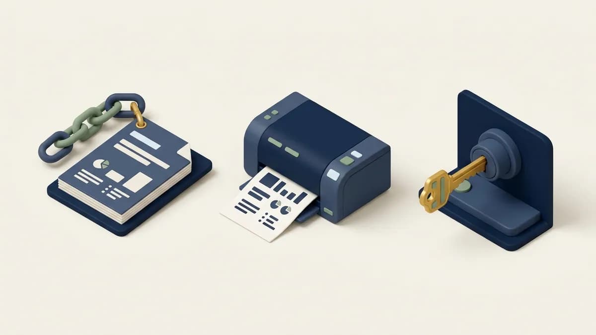 A shareable link, a printer with a report coming out, and a key being withdrawn from a lock