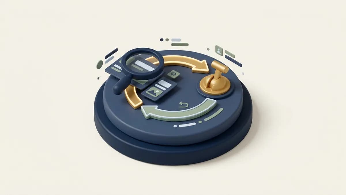 A three-stage loop: a magnifier checking pages, a push lever, and a re-check arrow