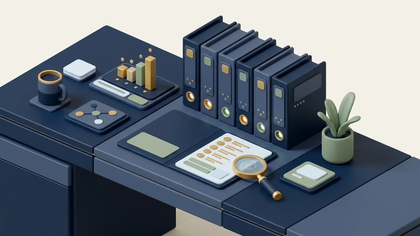 Client folders on an agency desk, each with a status light, and a report folio on top