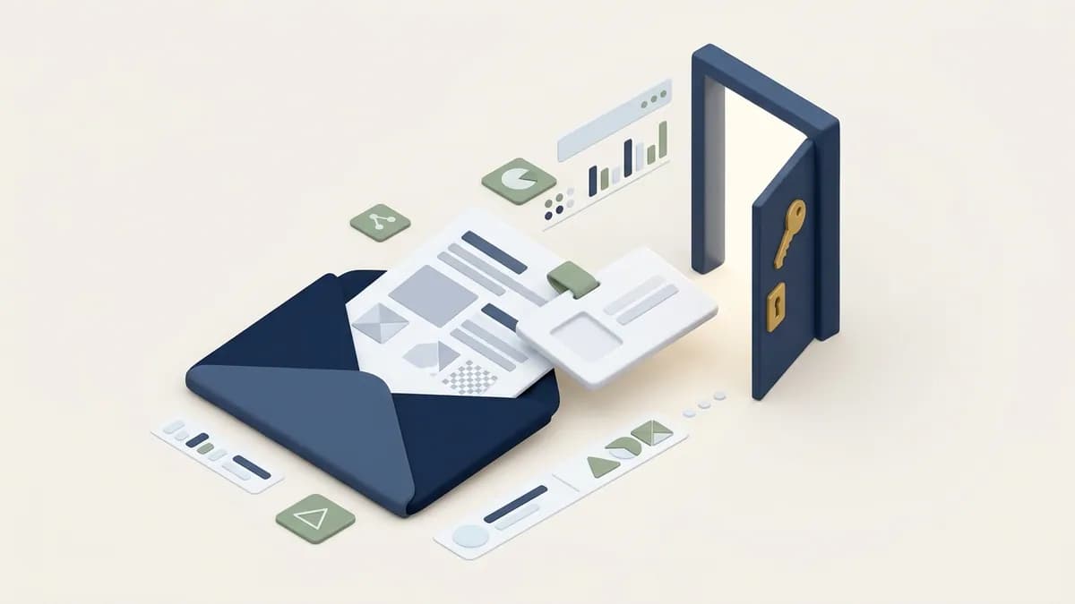 A white-label report sliding out of an envelope toward an open door